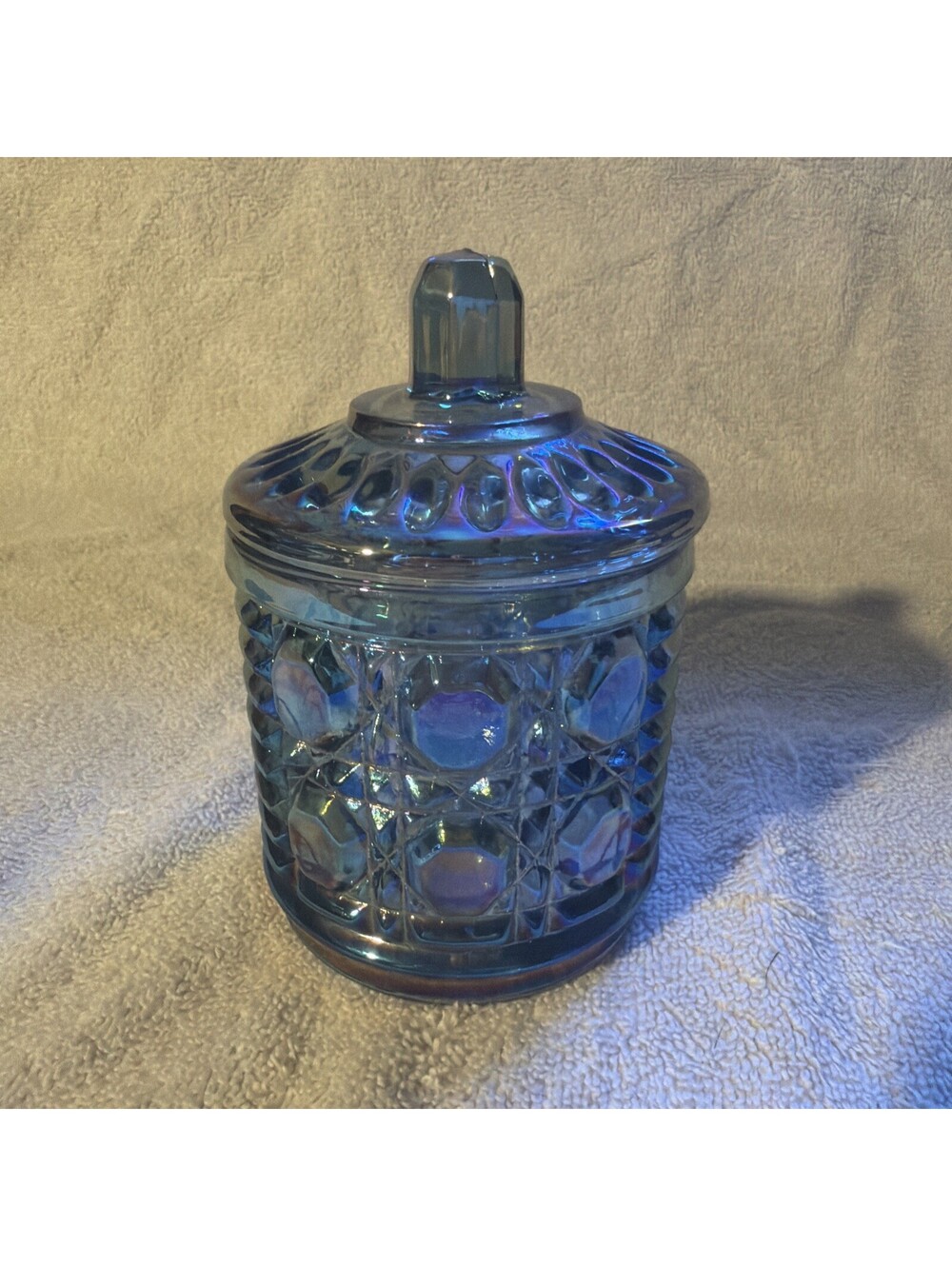 Vintage Indiana Glass Windsor Blue Carnival Glass Covered Sugar Bowl Lidded 5” T